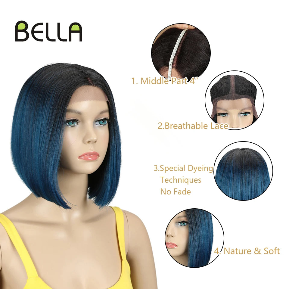 BELLA Synthetic Lace Wig Short Bob Wig Nature Color Blue Blonde Green 7 Colors Availabe 10" Wigs For Women Heat Resistant