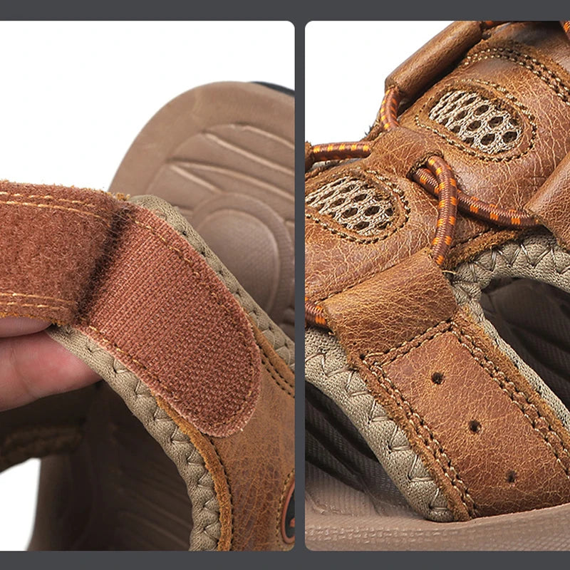 Genuine Leather Upper Extra Size Men's Outdoor Trail Hiking Walking Sandals Summer Sports Beach Shoes for Men