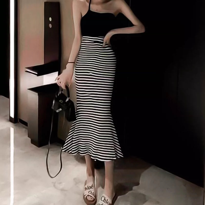 Women's Striped Mid-Length Fishtail Skirt for Summer Slim Fit below the Knee