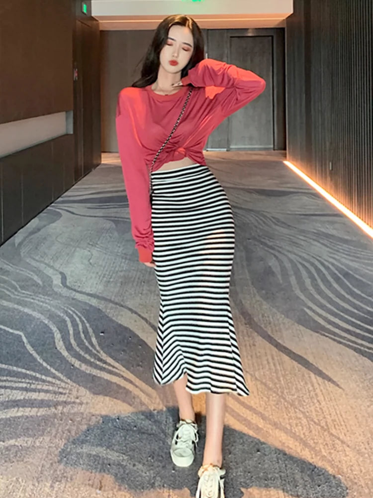 Horizontal Striped Spring Niche Mid Length Long Length Fishtail Sheath Skirt