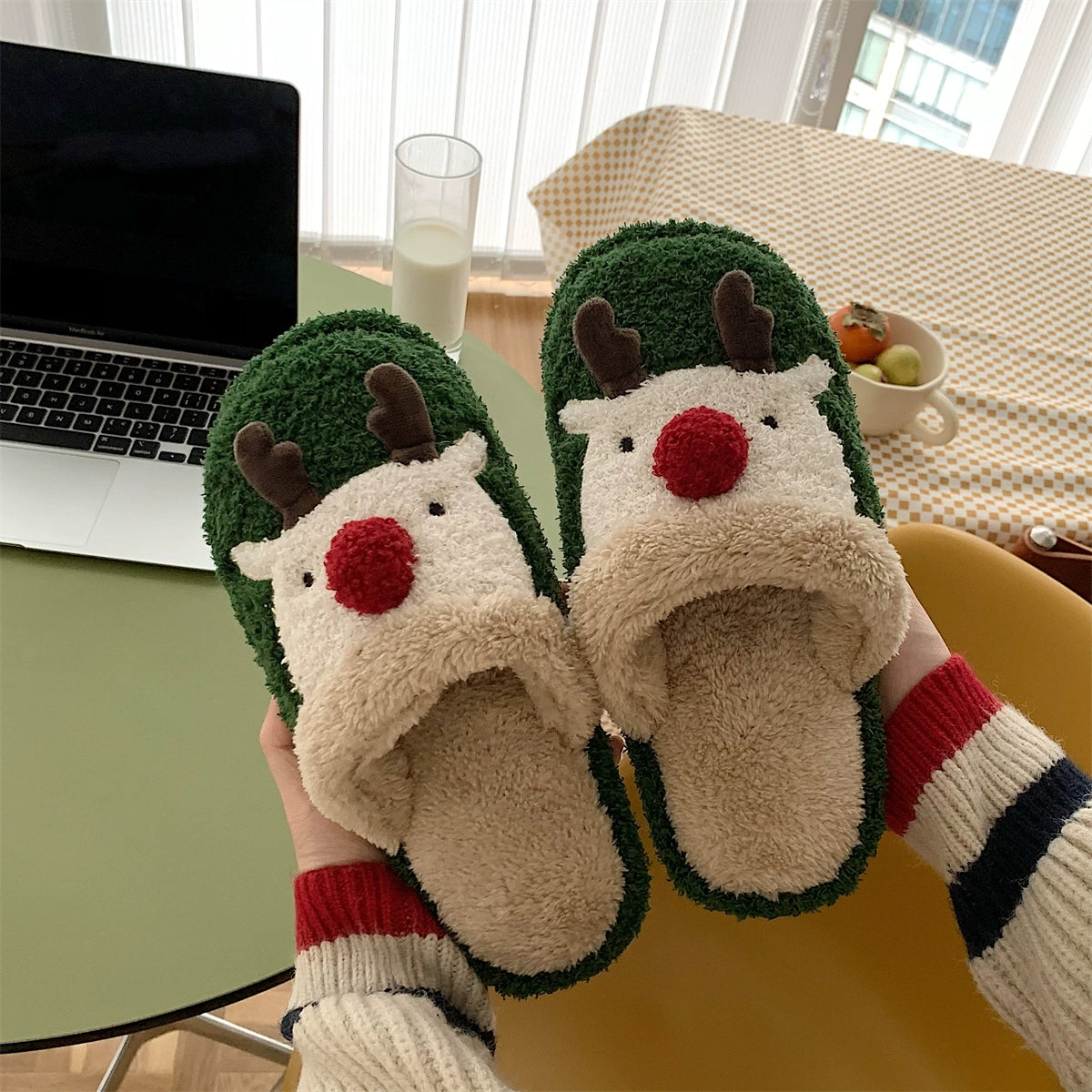 Female Winter New Arrived Cute Christmas Elk Baotou Cotton Slippers Fashion Couple Home Non-Slip Warm Plush Shoes Male