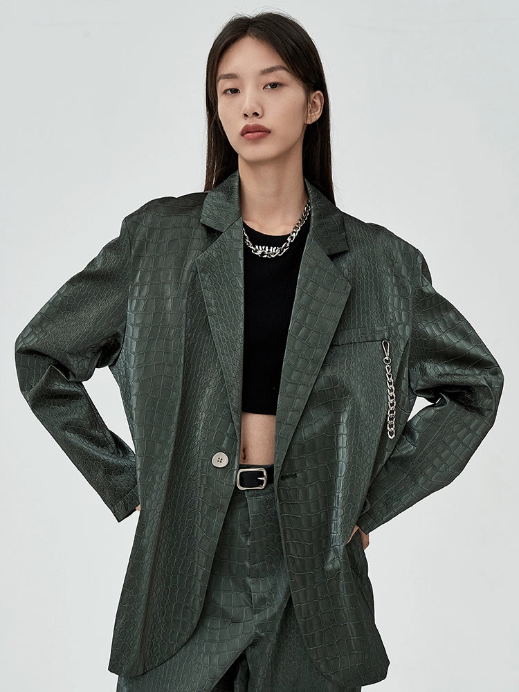 Benmyshower Chinese Fad Crocodile Pattern Leather Jacket Trendy Loose Fried Street Profile Leather Blazer for Men and Women
