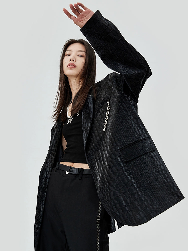 Benmyshower Chinese Fad Crocodile Pattern Leather Jacket Trendy Loose Fried Street Profile Leather Blazer for Men and Women