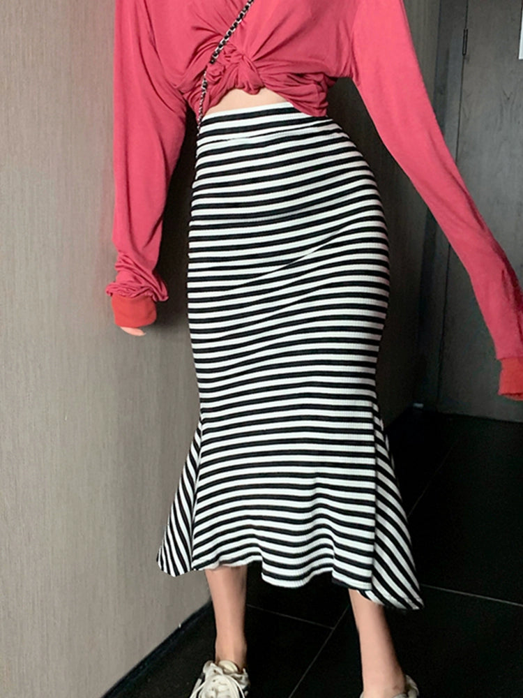 Horizontal Striped Spring Niche Mid Length Long Length Fishtail Sheath Skirt