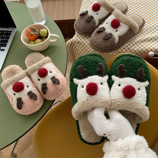 Female Winter New Arrived Cute Christmas Elk Baotou Cotton Slippers Fashion Couple Home Non-Slip Warm Plush Shoes Male