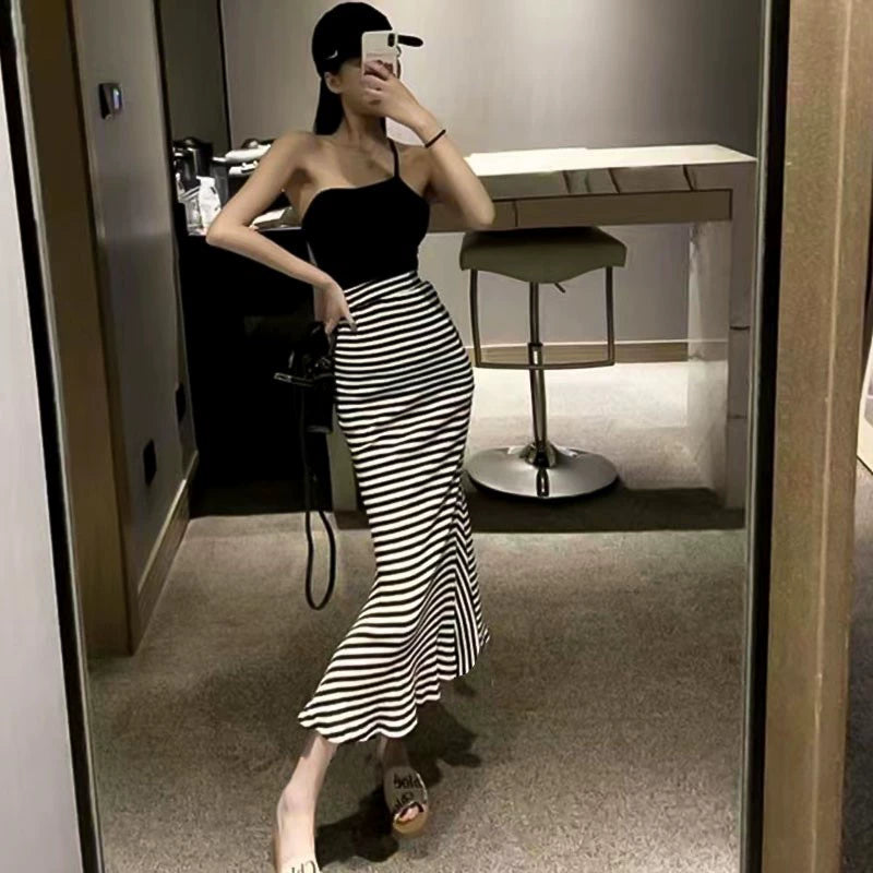 Women's Striped Mid-Length Fishtail Skirt for Summer Slim Fit below the Knee