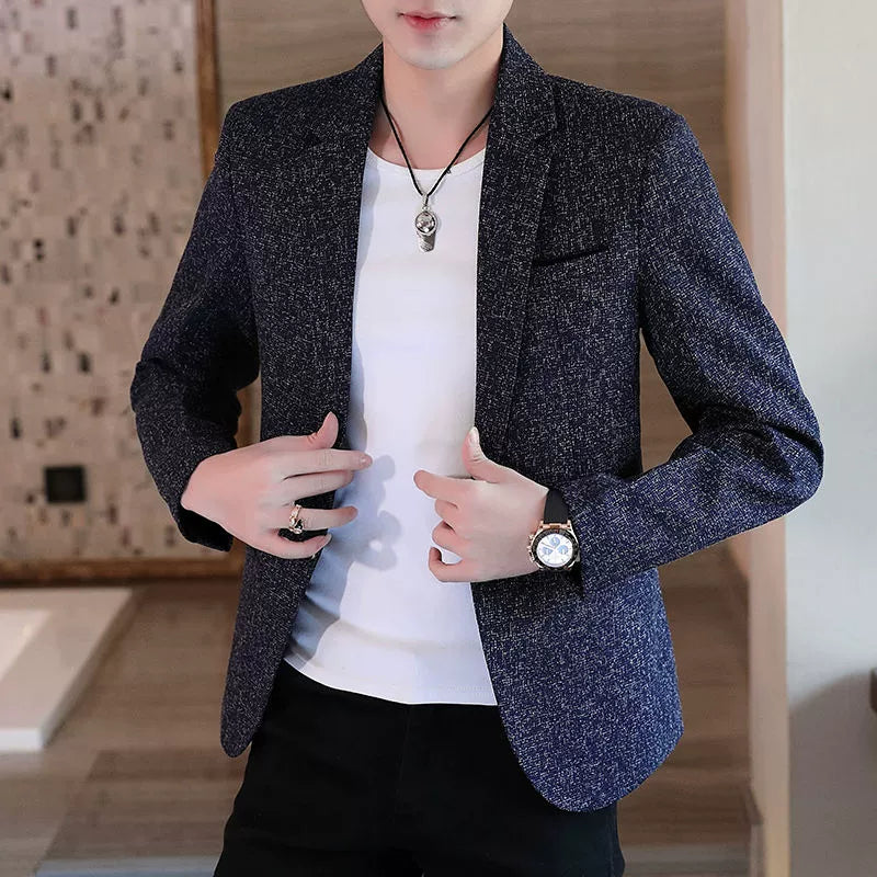 Spring Black Slim Fit Fleece-lined Men's Leisure Suit