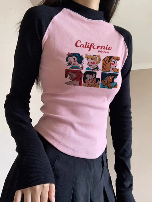 Contrast Color Pure Cotton Retro Slim Fit Upper Clothes Long Sleeves T-shirt