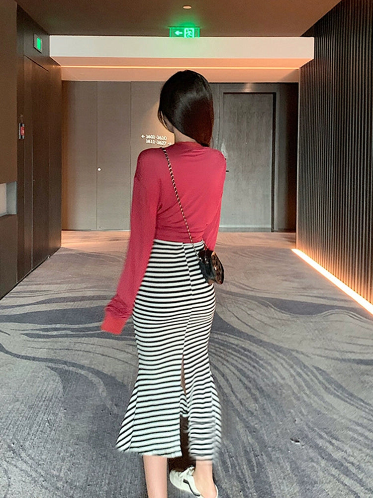 Horizontal Striped Spring Niche Mid Length Long Length Fishtail Sheath Skirt
