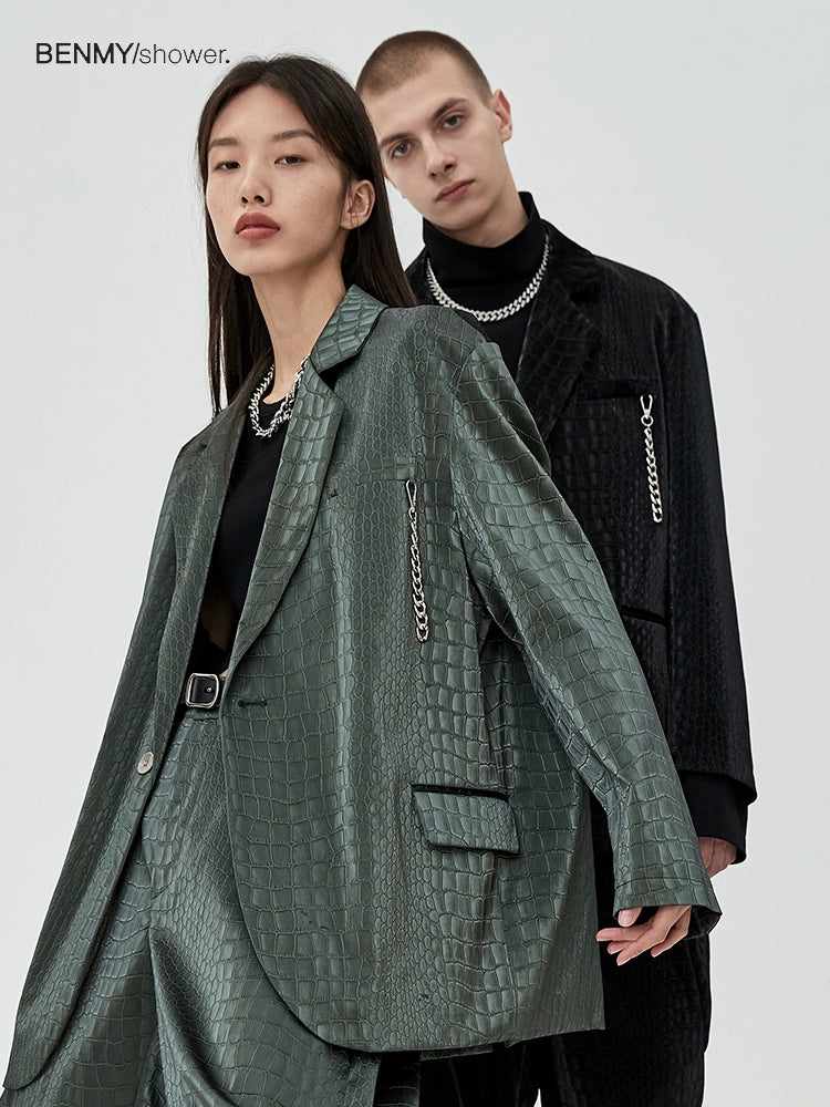 Benmyshower Chinese Fad Crocodile Pattern Leather Jacket Trendy Loose Fried Street Profile Leather Blazer for Men and Women