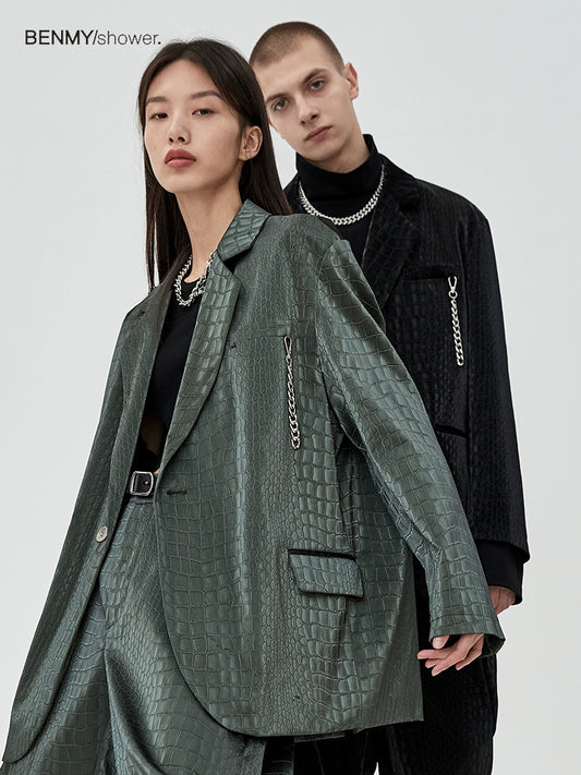 Benmyshower Chinese Fad Crocodile Pattern Leather Jacket Trendy Loose Fried Street Profile Leather Blazer for Men and Women