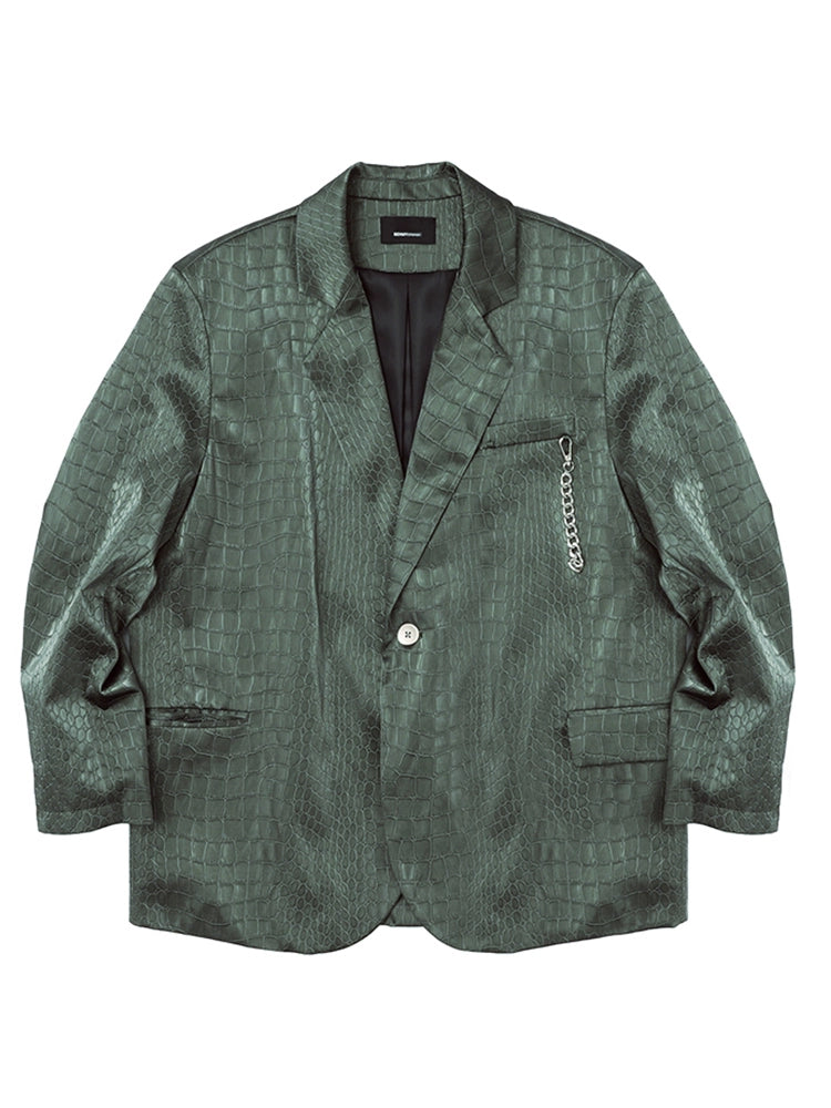 Benmyshower Chinese Fad Crocodile Pattern Leather Jacket Trendy Loose Fried Street Profile Leather Blazer for Men and Women