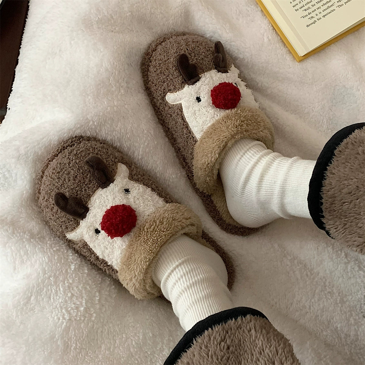 Female Winter New Arrived Cute Christmas Elk Baotou Cotton Slippers Fashion Couple Home Non-Slip Warm Plush Shoes Male