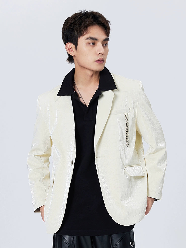 Benmyshower Chinese Fad Crocodile Pattern Leather Jacket Trendy Loose Fried Street Profile Leather Blazer for Men and Women