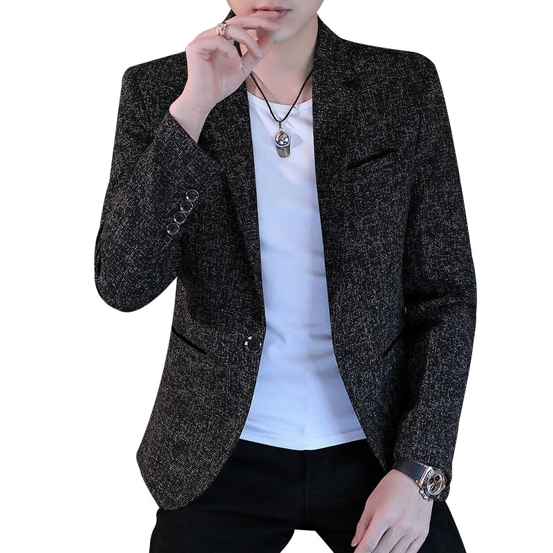 Spring Black Slim Fit Fleece-lined Men's Leisure Suit