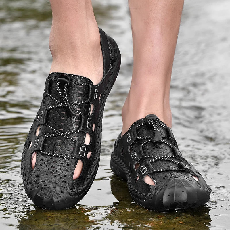 2023 Leather Sandals Men Breathable Summer Shoes Man Waterproof Outdoor Men Sandals Antiskid Beach Sandals Hollow Shoes Footwear