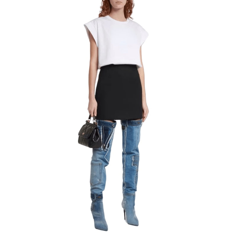 2023 New Women's Washed Blue High Cowboy Boot Pointed Toe Slim High Heel Spice Girl Pocket Spliced Over Knee Boots Women Shoes