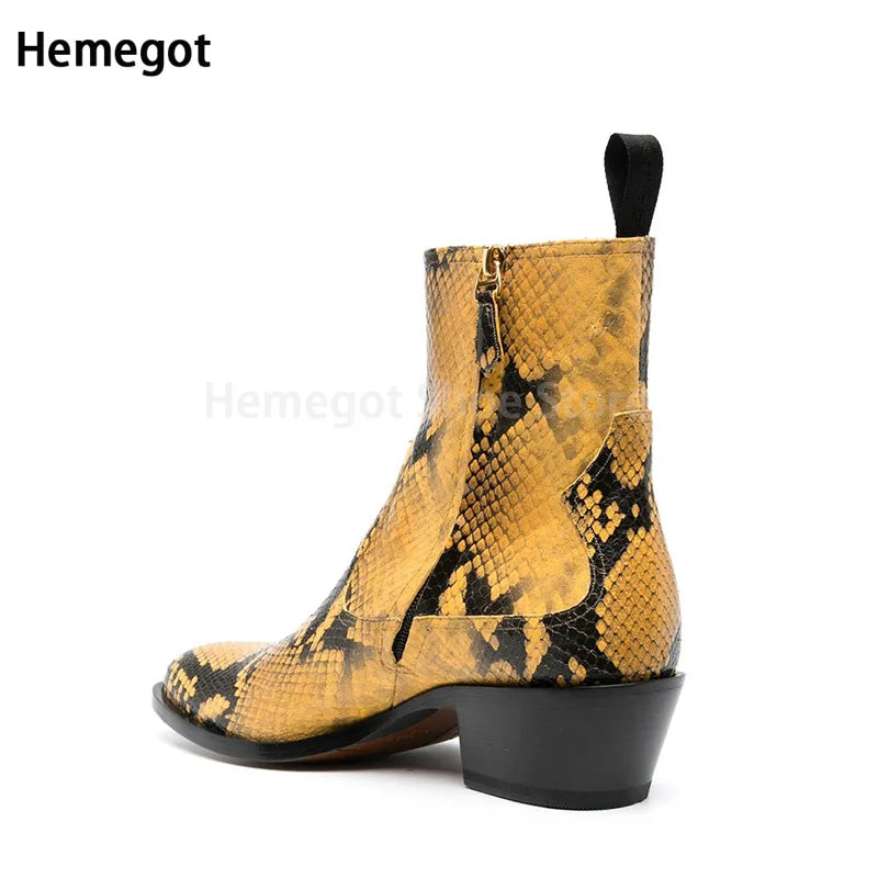 Cowhide Snake Print Boots Men's Chelsea Boots Summer Fashion Personality New Pointed Toe Heightened Side Zipper Casual Shoes
