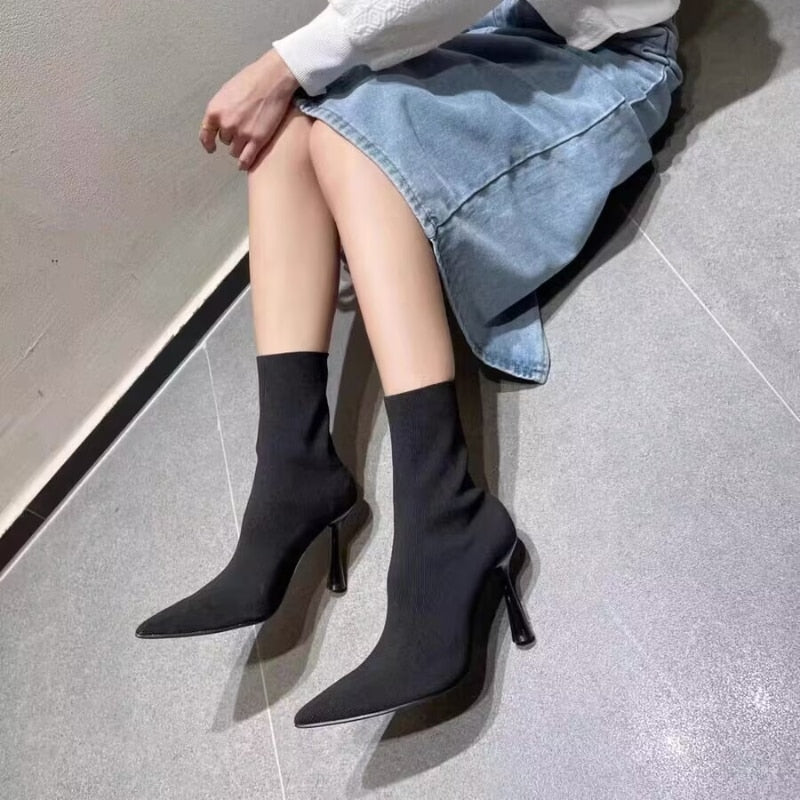 TRAF Black High Heel Sock Boots For Women Elegant Knitting Stretch  Ankel Boots Office Lady Pointed Toe Heels Autumn Heeled Boot