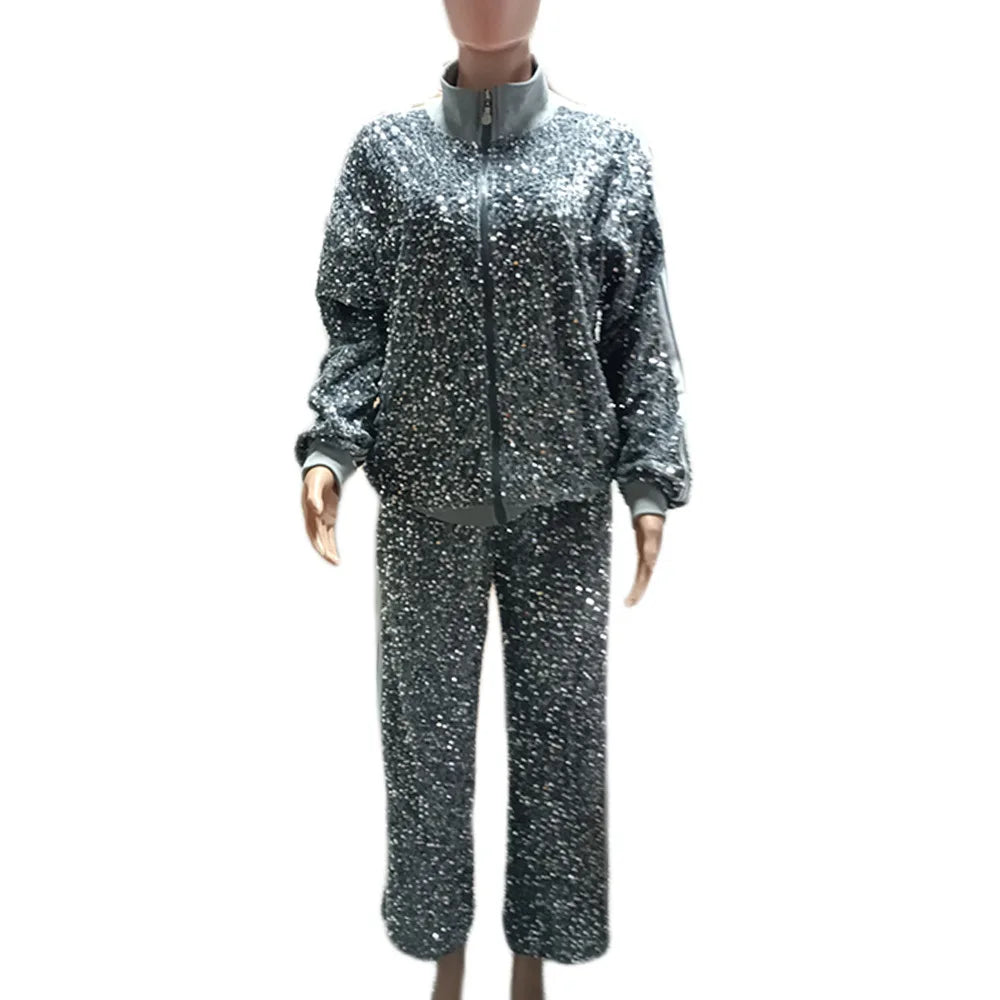 2023 Women 2 Piece Glitter Sequin Outfits Tracksuit Long Sleeve Zip up Pockets Jacket Tops Bodycon Long Pants Sweatsuit Clubwear