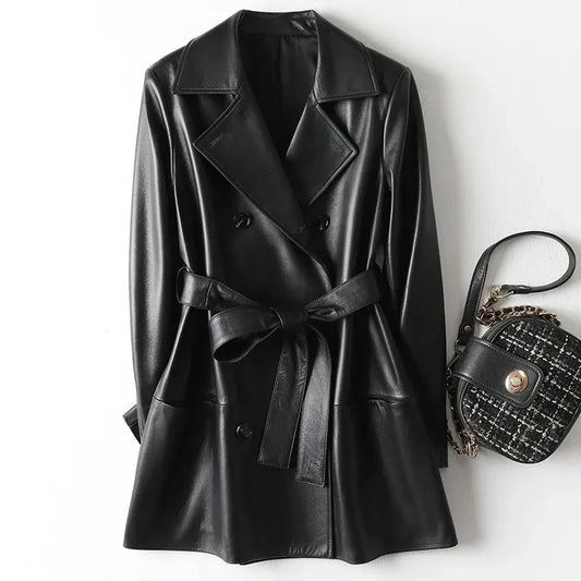 Julypalette 2023 New Real Leather Mid Length Trench Coat Chic Women Double Breasted Lace Up Sashes Lambskin Blazer Jackets