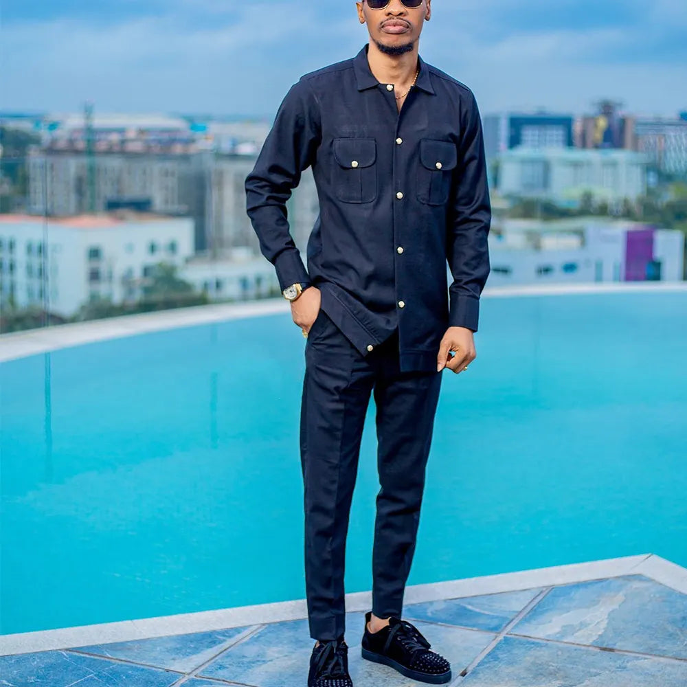 New Classic Men's Two-piece Suit Pants Jacket T-shirt Solid Color Iong Sleeve Festival Wedding African National Style Clothing