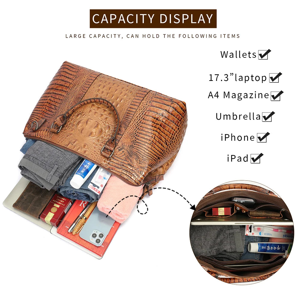 WESTAL Travel Bags Foldable Crocodile Skin Soft Cowhide Leather Business Weekend Duffel Bags Shoulder Bag Handbag Luggage Bag