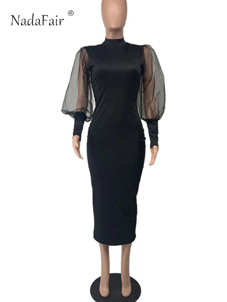 Nadafair Mesh Puff Sleeve Sexy Bodycon Dress Women High Neck Club Outfits Back Split Black Party Maxi Dress Women Winter  2021