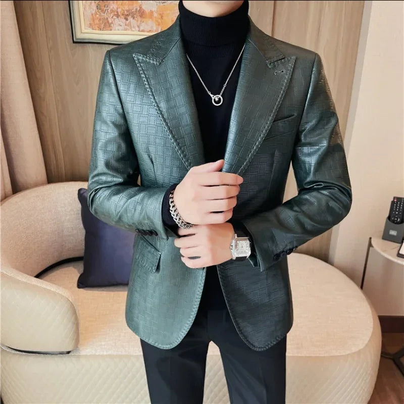 2023 Autumn Winter Checkered Leather Jacket Men Business Slim Fit Casual Blazer Party Stage Singer Social Dress Coat Streetwear