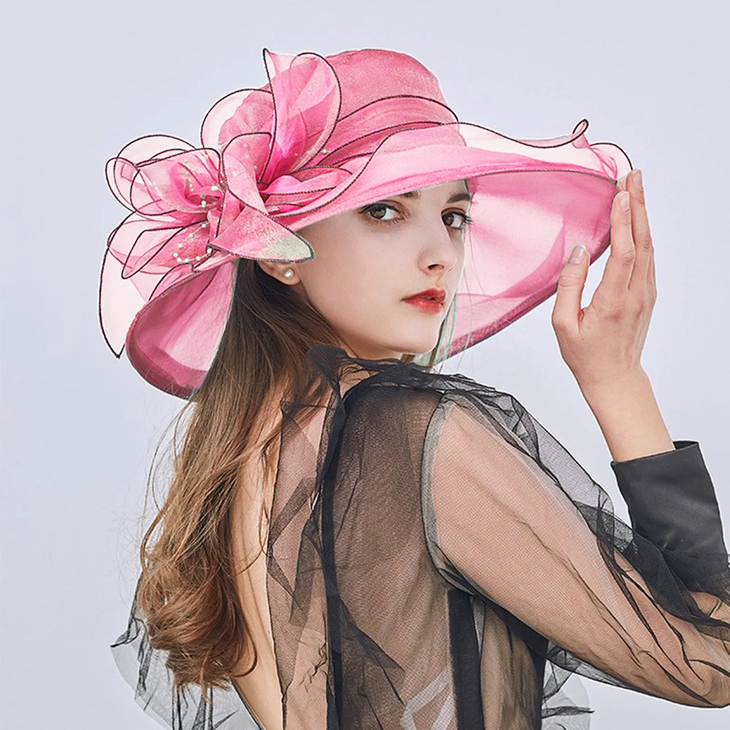 2023 Summer Floppy Wide Brim Sun Hat Women Sun Cap Outdoor Holiday Lady beach Casual Fashion Elegant Flower Organza Top Hat