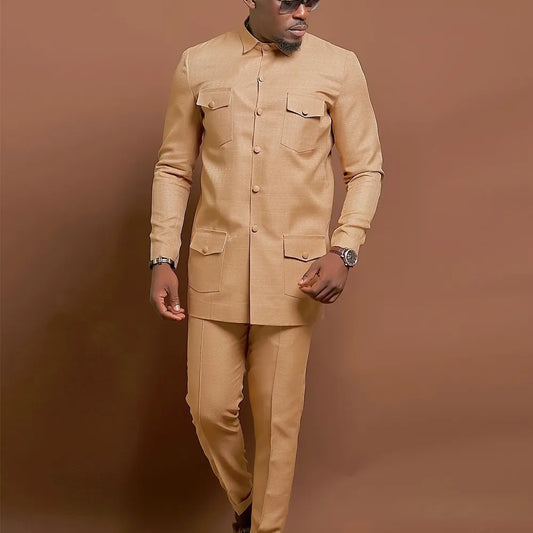 New Men's Wedding Dress Single-breasted Suit Two-piece Suit Shirt Solid Color Iong Sleeve Social African National Style Clothing
