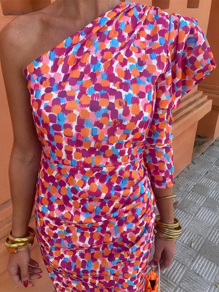One Shoulder Print Long Sleeve Maxi Dress Women Backless Slim Fit Pleated Robes 2024 New Fashion Lady Vacation Party Vestidos