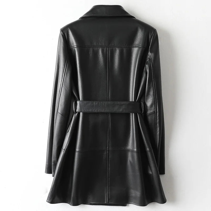 Julypalette 2023 New Real Leather Mid Length Trench Coat Chic Women Double Breasted Lace Up Sashes Lambskin Blazer Jackets
