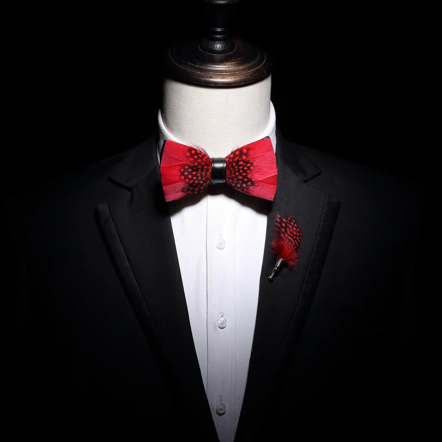 Original Design Red Birds Feather Bow Tie Natural Hand Made Bowtie Brooch Set For Men Business Party Wedding with Wood Gift Box