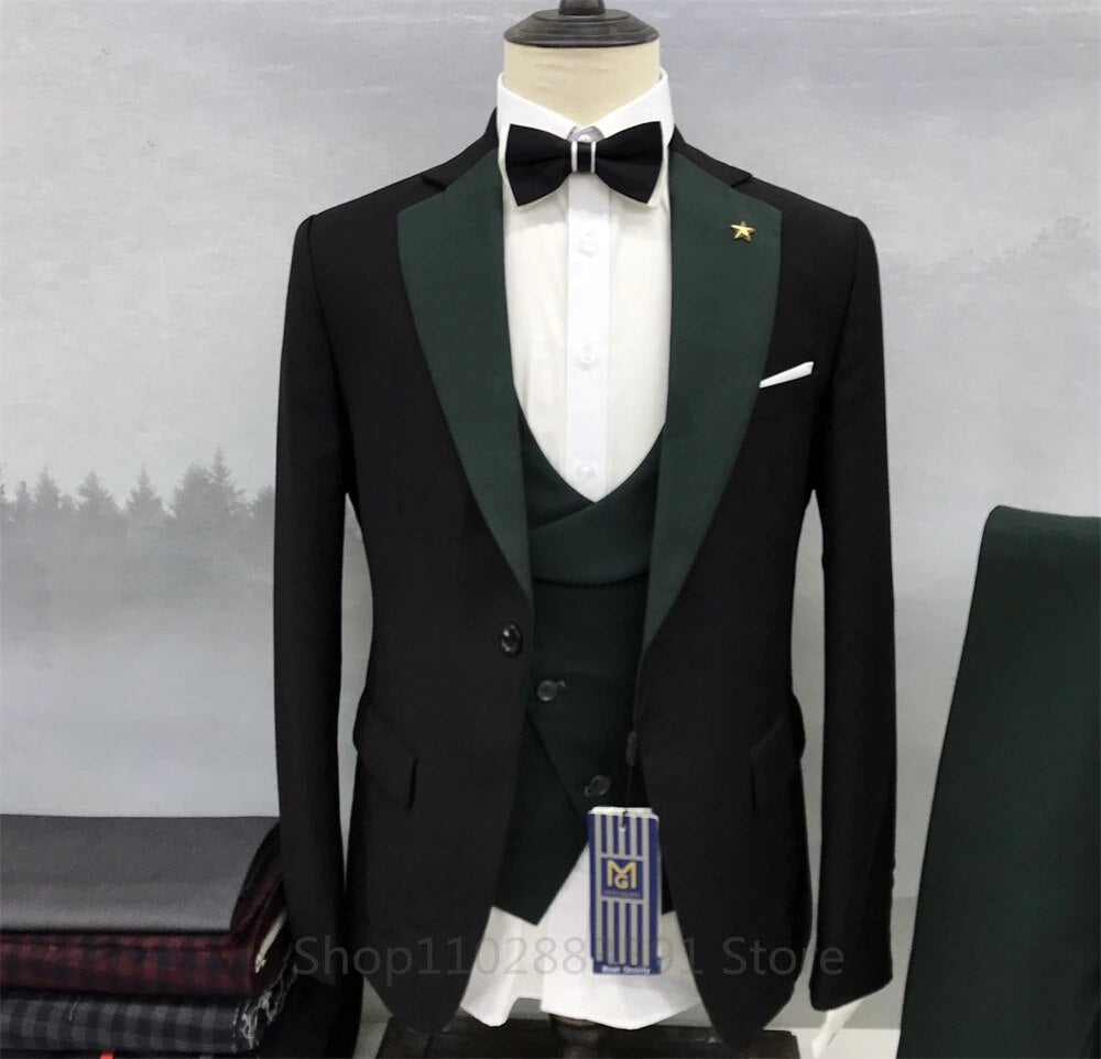 2023 New Men's Set Black Suit Orange Edge Standing Collar Business Formal Luxury Wedding Three Piece Set (Jacket+Pants+Vest)
