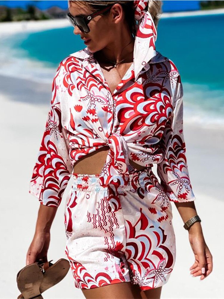 hirigin 2pcs Beach Styles Satin Sets Women Fashion Scenery Pattern Button-down Shirts and Shorts 2022 New Summer Casual Sets