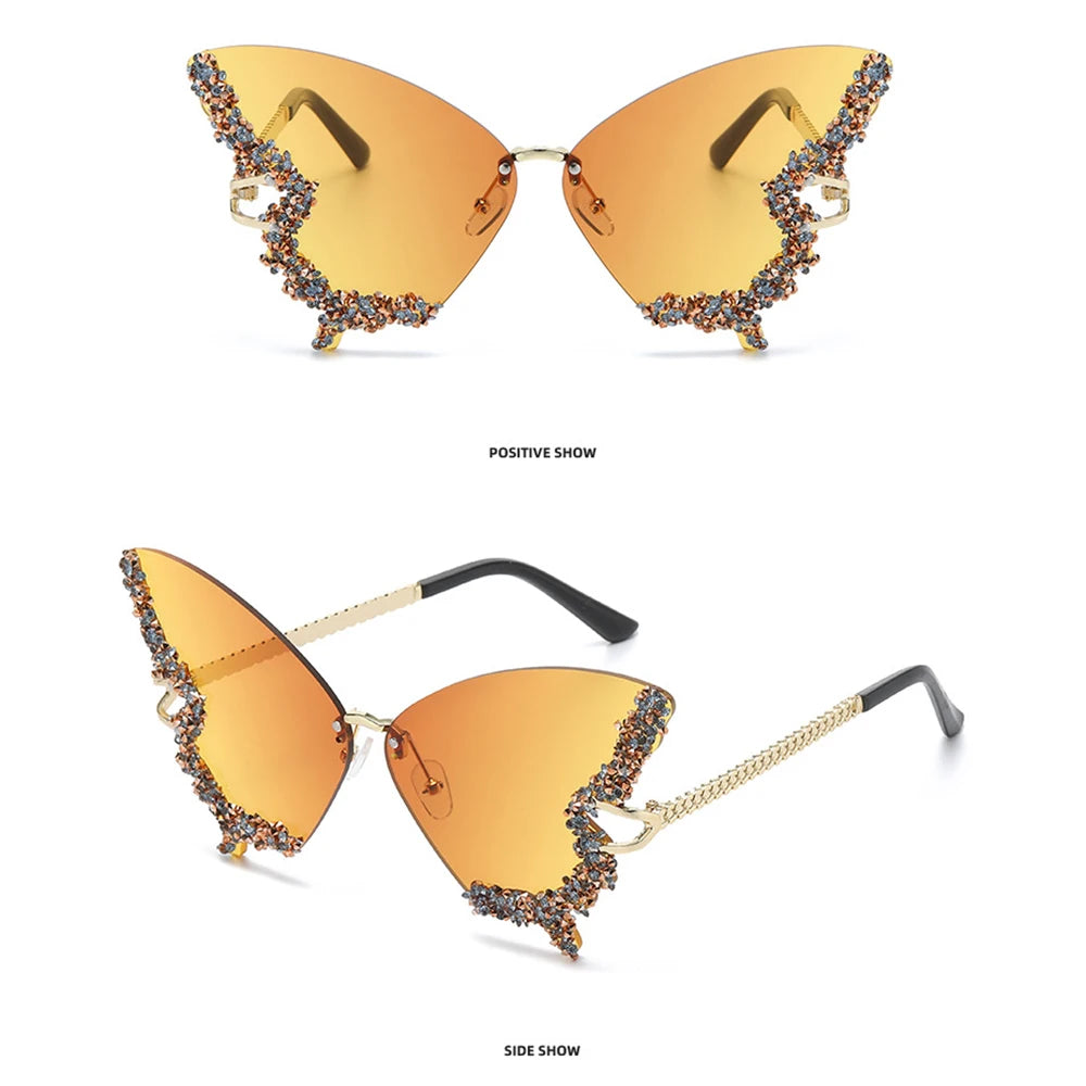 Luxury Diamond Butterfly Sunglasses Women Brand  Vintage Rimless Oversized Sun Glasses Ladies Eyewear Holiday Decorative Eyewear