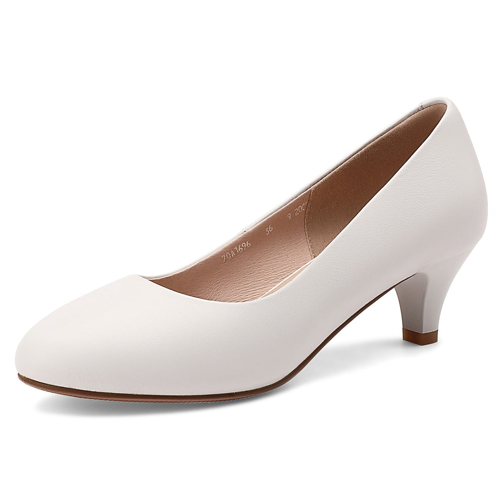 New Genuine Leather Women Round Toe Dress Pumps Office Elegant High Heels Fashion Black Work Shoes Plus Size For Ladies A0010
