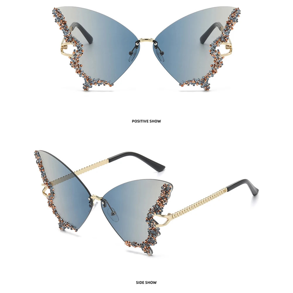 Luxury Diamond Butterfly Sunglasses Women Brand  Vintage Rimless Oversized Sun Glasses Ladies Eyewear Holiday Decorative Eyewear