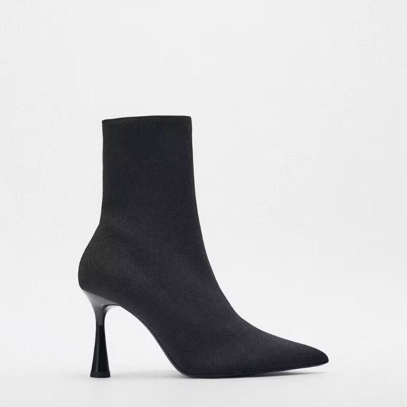 TRAF Black High Heel Sock Boots For Women Elegant Knitting Stretch  Ankel Boots Office Lady Pointed Toe Heels Autumn Heeled Boot