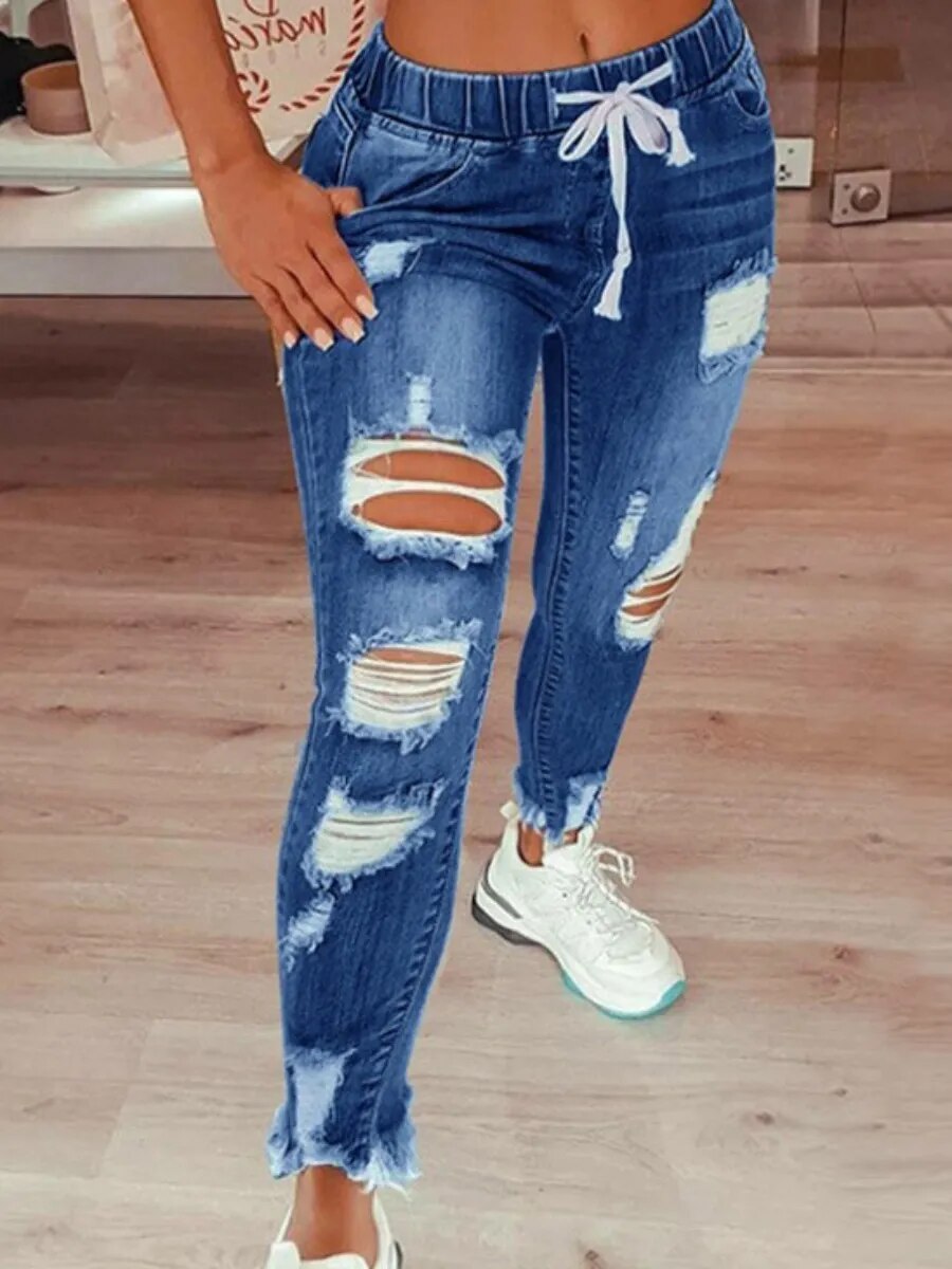 LW Plus Size Jeans High-Waist High Stretchy Ripped Distressed Jeans Classic Elastic Waist Solid cut hole women's Pants