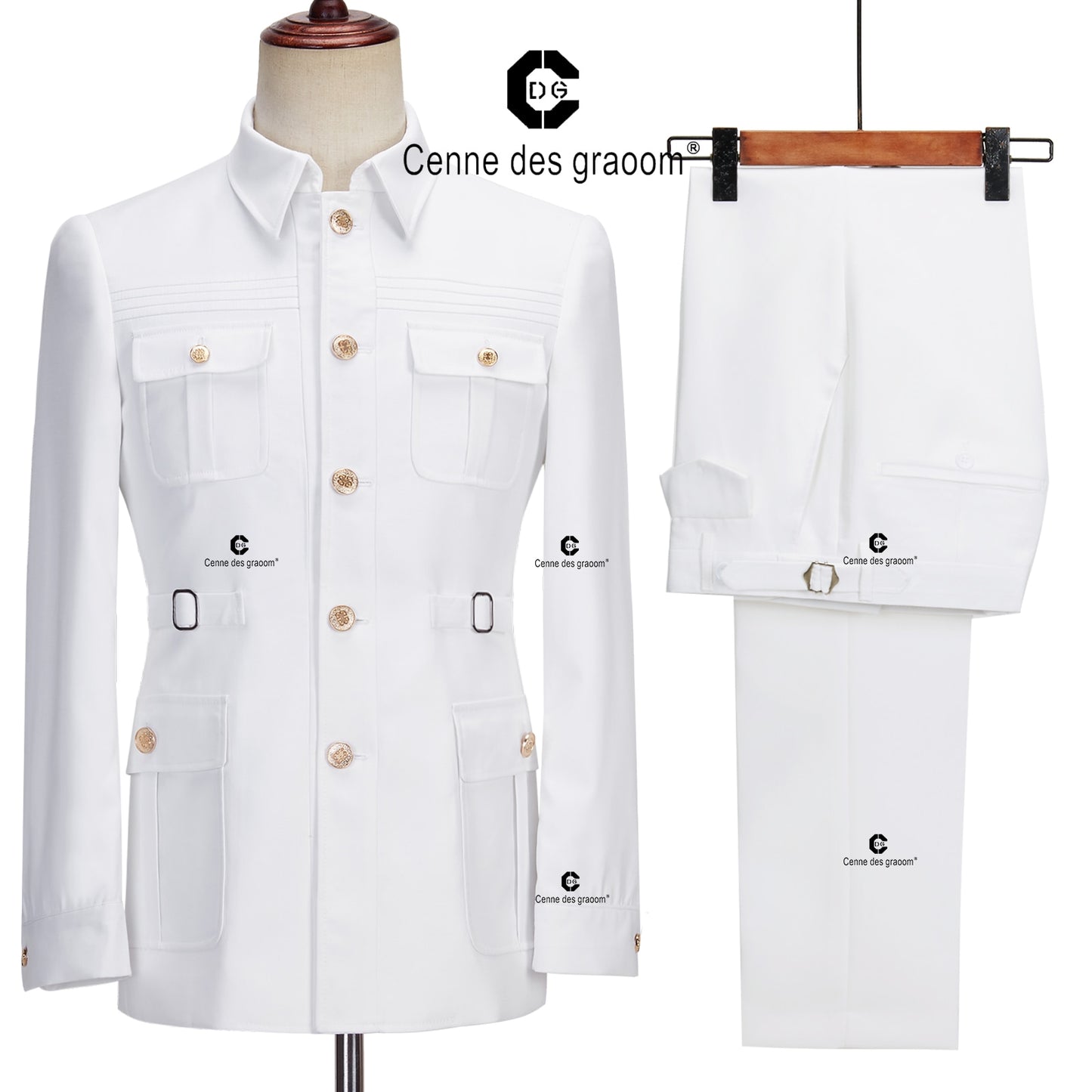 Cenne Des Graoom Safari Men Suits Gold Button Square Collar Tailor-Made Formal Casual Business Official Wear Costume Homme Blue