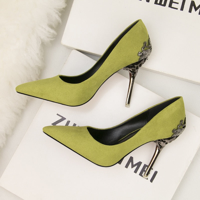 Pointed single shoe women's wedding shoes red bride's shoes metal hollowed out suede thin heeled high heels  luxury