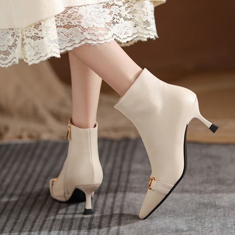Autumn and Winter Women's Short Boots Large 43 Leather Boots New Plush High Heels Women's Shoes Full Leather Fashion Nude Boots