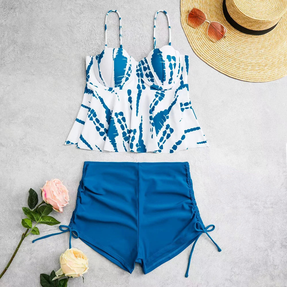 Shell Hard Wrapped Front Tankini Set 2023 New Women Swimsuit Sexy Drawstring Bottom Two-Piece Suit Black/Malachite Blue/Violet