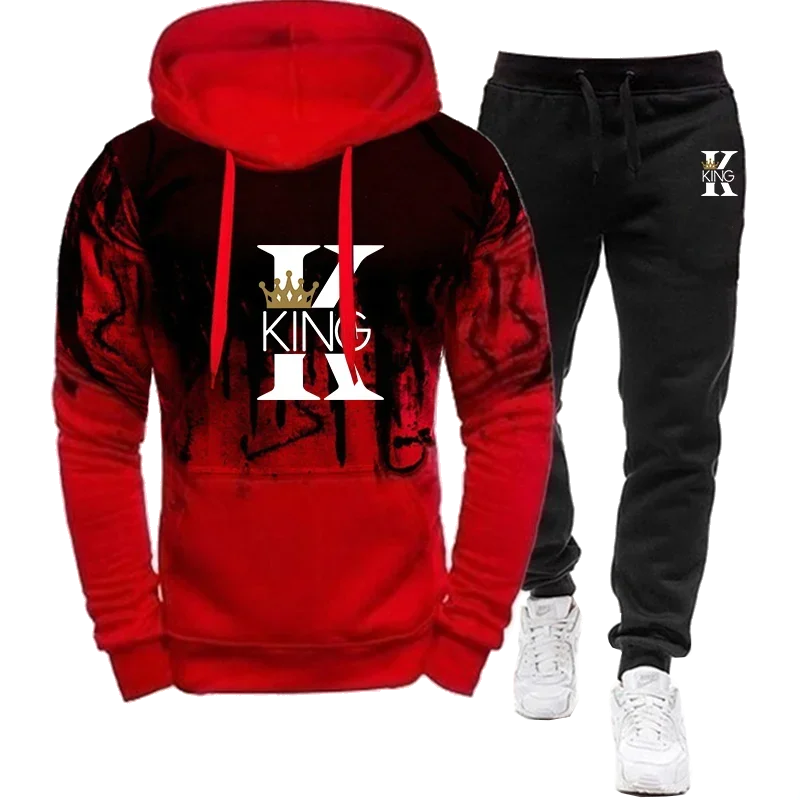 Men's Sets Splash Ink Sweatshirt and Sweatpants Two Piece Outfits Autumn Spring King Printed Streetwear Male Tracksuit S-4XL
