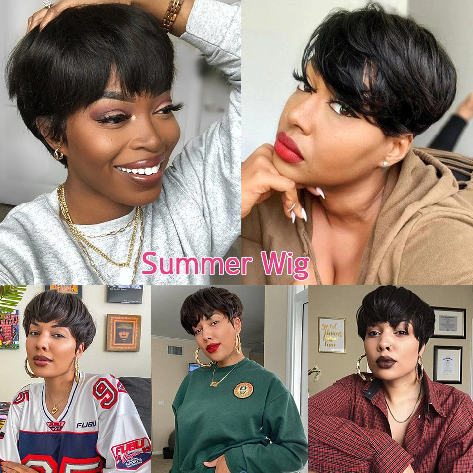 Short Human Hair Wigs Pixie Cut Straight Remy Brazilian Hair for Black Women Machine Made Highlight Color Cheap Glueless Wigs