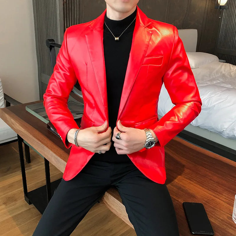 Men High Quality PU Leather Jacket 2022 New Solid Color Fashion Slim Suit Jacket Men Business Casual Prom Korean Men Clothing