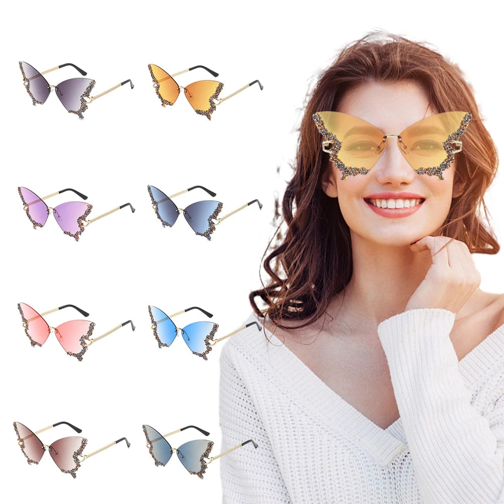 Luxury Diamond Butterfly Sunglasses Women Brand  Vintage Rimless Oversized Sun Glasses Ladies Eyewear Holiday Decorative Eyewear
