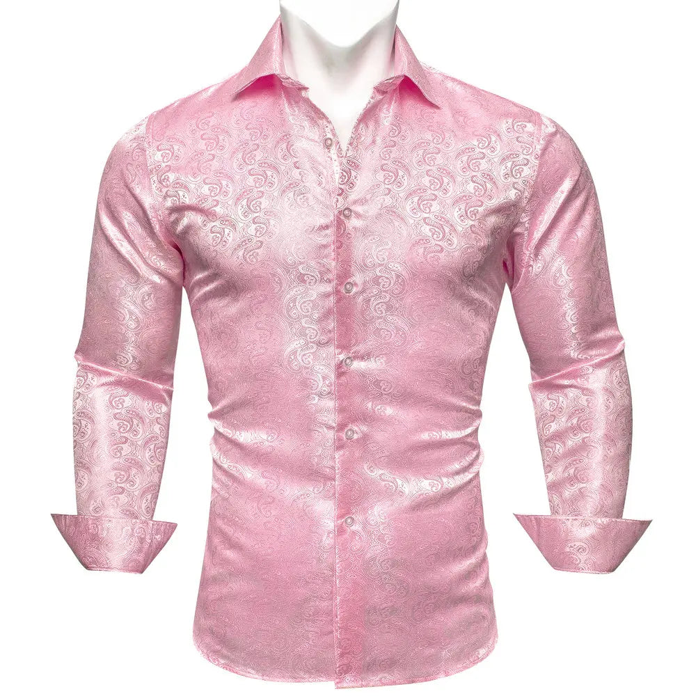 Barry.Wang 4XL Luxury Gold Paisley Silk Shirts Men Long Sleeve Casual Flower Shirts For Men Designer Fit Dress Shirt BY-0061
